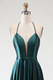 Dark Green A-Line Halter Satin Prom Dress With Slit