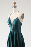 Dark Green A-Line Halter Satin Prom Dress With Slit