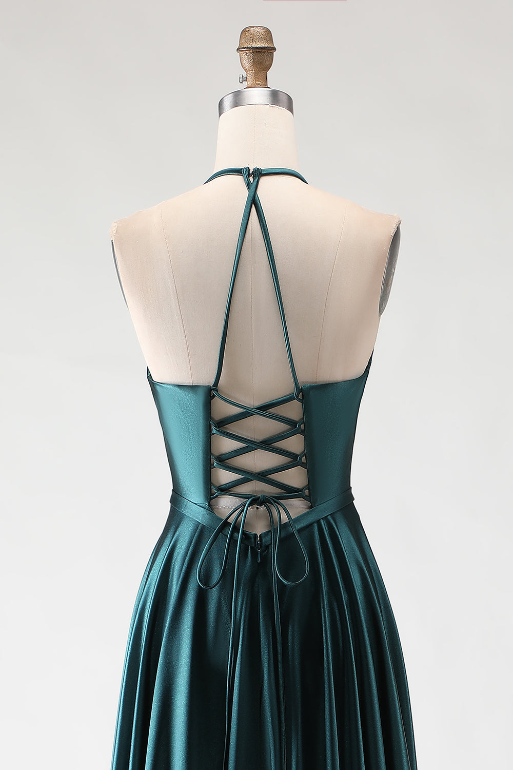 Berylove Women Dark Green Prom Dress With Slit Halter A-Line Satin Maxi Formal Dress With Lace Up Back, Dark Green / US16 Berylove Women Dark Green Prom Dress With Slit Halter A-Line Satin Maxi Formal Dress With Lace Up Back, Dark Green / US16
