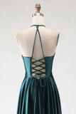 Dark Green A-Line Halter Satin Prom Dress With Slit