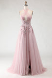 Blush Pink Halter Appliqued Corset Prom Dress With Slit