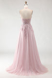 Blush Pink Halter Appliqued Corset Prom Dress With Slit