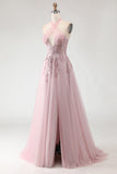 Blush Pink Halter Appliqued Corset Prom Dress With Slit