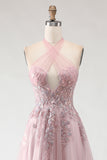 Blush Pink Halter Appliqued Corset Prom Dress With Slit