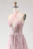 Blush Pink Halter Appliqued Corset Prom Dress With Slit
