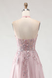 Blush Pink Halter Appliqued Corset Prom Dress With Slit