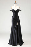 Black Off The Shoulder Appliqued Mermaid Prom Dress With Slit