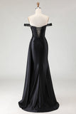 Black Off The Shoulder Appliqued Mermaid Prom Dress With Slit