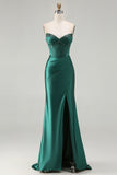 Dark Green Satin Corset Strapless Prom Dress With Slit