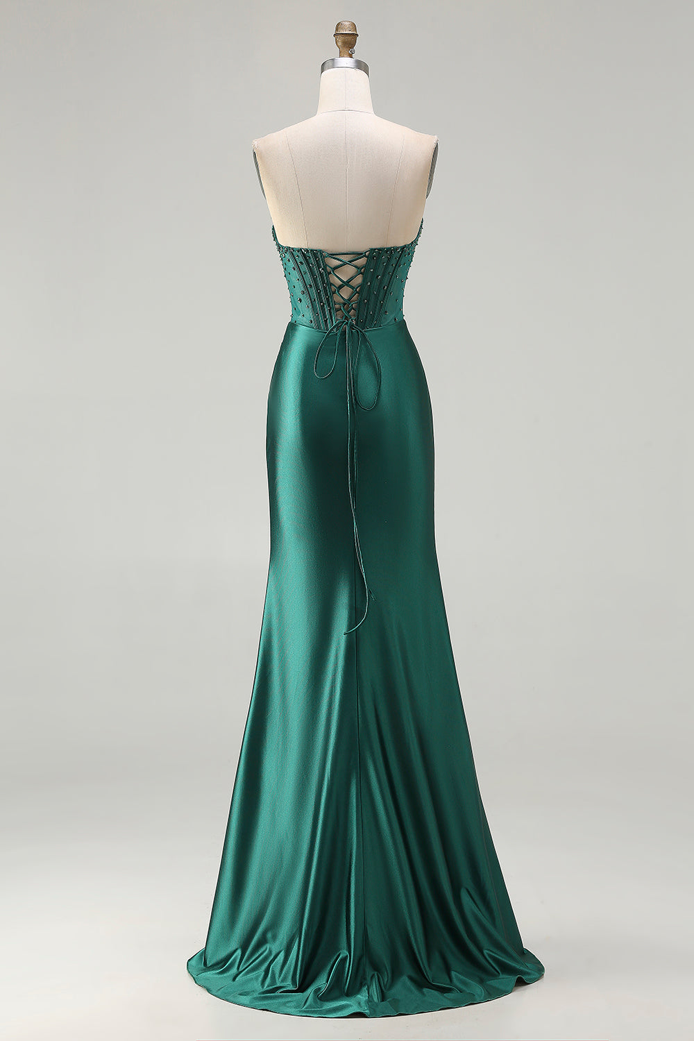 Berylove Women Dark Green Strapless Prom Dress with Slit Mermaid Beaded Corset Satin Maxi Formal Dress with Lace Up Back, Dark Green / Custom Berylove Women Dark Green Strapless Prom Dress with Slit Mermaid Beaded Corset Satin Maxi Formal Dress with Lace Up Back, Dark Green / Custom