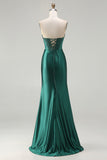 Dark Green Satin Corset Strapless Prom Dress With Slit