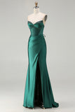Dark Green Satin Corset Strapless Prom Dress With Slit