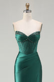 Dark Green Satin Corset Strapless Prom Dress With Slit