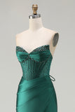 Dark Green Satin Corset Strapless Prom Dress With Slit