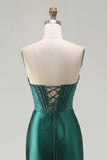 Dark Green Satin Corset Strapless Prom Dress With Slit
