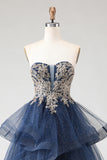 Glitter Navy Strapless Appliqued Princess Prom Dress