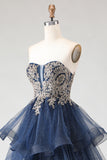 Glitter Navy Strapless Appliqued Princess Prom Dress