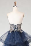 Glitter Navy Strapless Appliqued Princess Prom Dress