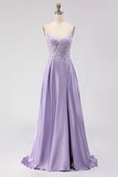 Purple A-Line Satin Appliqued Prom Dress With Slit