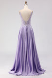 Purple A-Line Satin Appliqued Prom Dress With Slit