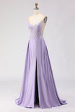 Purple A-Line Satin Appliqued Prom Dress With Slit
