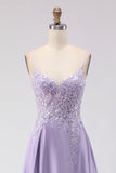 Purple A-Line Satin Appliqued Prom Dress With Slit