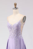 Purple A-Line Satin Appliqued Prom Dress With Slit
