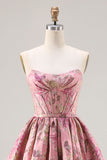 Princess Pink Jacquard Strapless Corset Prom Dress With Lace Up Back