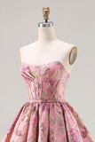 Princess Pink Jacquard Strapless Corset Prom Dress With Lace Up Back