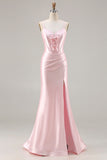 Pink Satin Mermaid Bow Corset Prom Dress With Slit