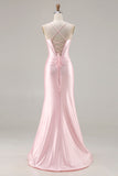 Pink Satin Mermaid Bow Corset Prom Dress With Slit
