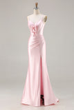 Pink Satin Mermaid Bow Corset Prom Dress With Slit