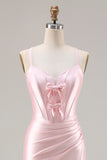 Pink Satin Mermaid Bow Corset Prom Dress With Slit