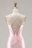 Pink Satin Mermaid Bow Corset Prom Dress With Slit