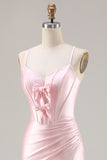 Pink Satin Mermaid Bow Corset Prom Dress With Slit