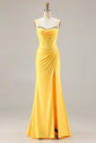 Yellow Mermaid Beaded Corset Prom Dress With Slit