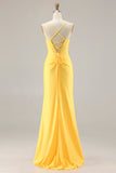 Yellow Mermaid Beaded Corset Prom Dress With Slit