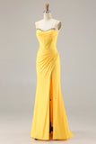 Yellow Mermaid Beaded Corset Prom Dress With Slit
