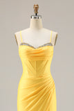 Yellow Mermaid Beaded Corset Prom Dress With Slit