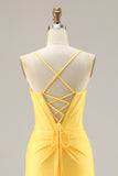 Yellow Mermaid Beaded Corset Prom Dress With Slit