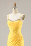 Yellow Mermaid Beaded Corset Prom Dress With Slit