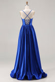 Royal Blue A-Line Spaghetti Straps Satin Prom Dress