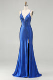 Royal Blue Mermaid Beaded Prom Dress With Slit