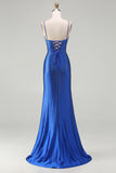 Royal Blue Mermaid Beaded Prom Dress With Slit