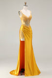 Mermaid Yellow Corset Beaded Prom Dress With Slit