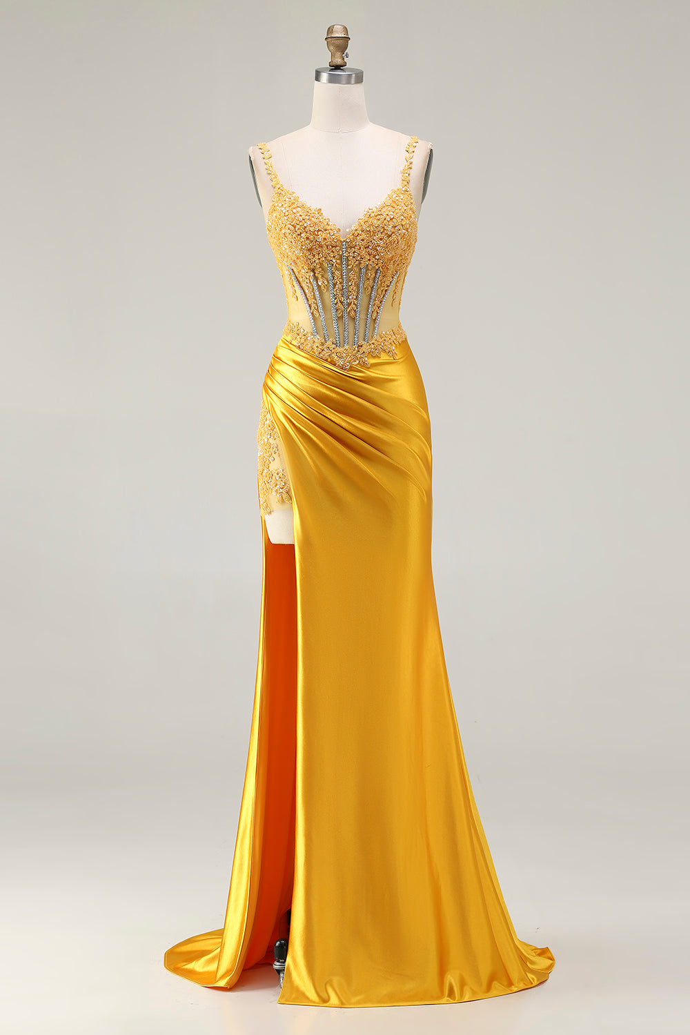 Berylove Women Yellow Mermaid Prom Dress With Slit Spaghetti Straps Beaded Corset Ruched Satin Maxi Party Dress With Lace Up Back Berylove Women Yellow Mermaid Prom Dress With Slit Spaghetti Straps Beaded Corset Ruched Satin Maxi Party Dress With Lace Up Back