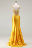 Mermaid Yellow Corset Beaded Prom Dress With Slit