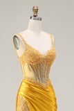 Mermaid Yellow Corset Beaded Prom Dress With Slit