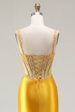 Mermaid Yellow Corset Beaded Prom Dress With Slit