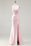 Pink Mermaid Corset Beaded Satin Prom Dress With Slit